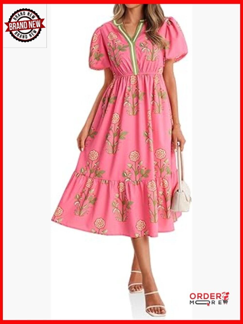Floral Print Maxi Dress A-Line Puff Short Sleeve V-Neck Boho Flow